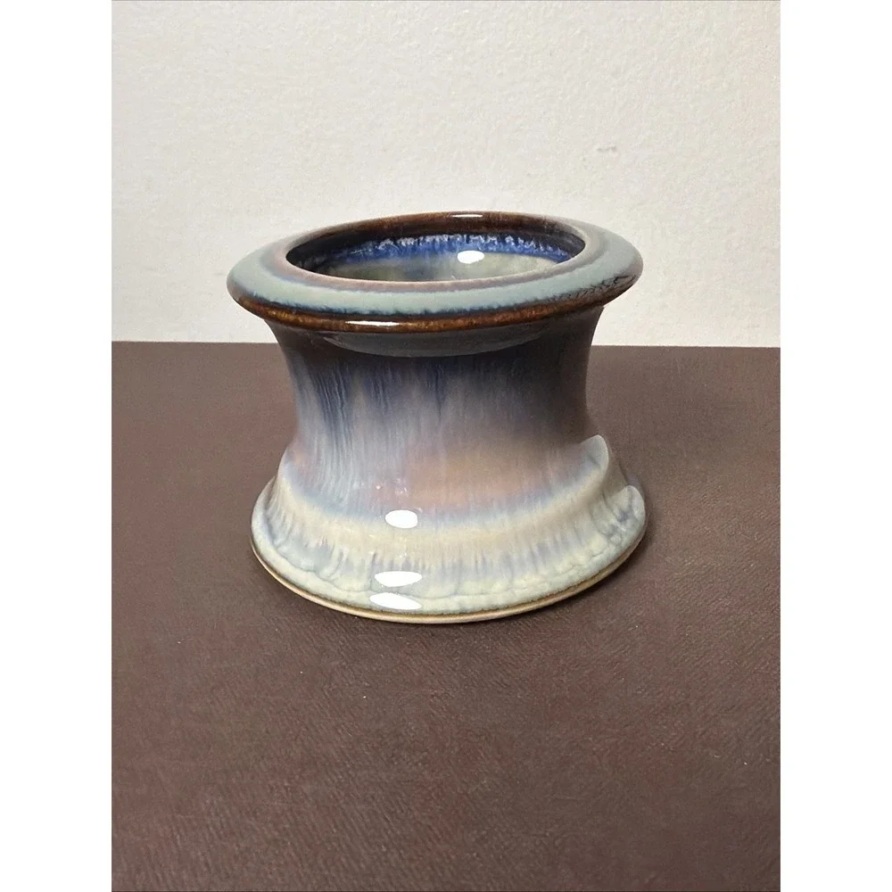 Bill Campbell Art Pottery Votive Candle Holder Blue Brown Drip Glaze Signed